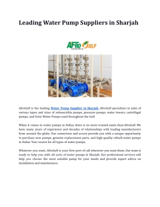 Leading Water Pump Suppliers in Sharjah