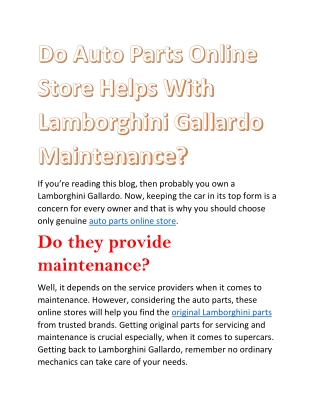 Do Auto Parts Online Store Helps With Lamborghini Gallardo Maintenance