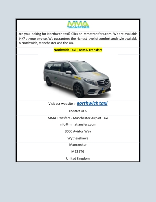 Northwich Taxi  MMA Transfers