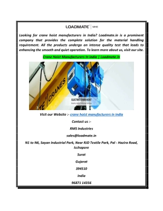 Crane Hoist Manufacturers In India  Loadmate.in