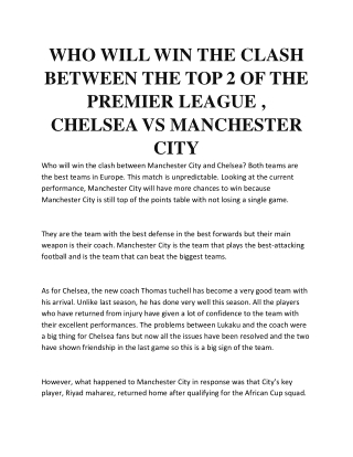 WHO WILL WIN THE CLASH BETWEEN THE TOP 2 OF THE PREMIER LEAGUE , CHELSEA VS MANCHESTER CITY