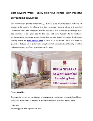 Birla Niyaara Worli - Enjoy Luxurious Homes With Peaceful Surrounding In Mumbai