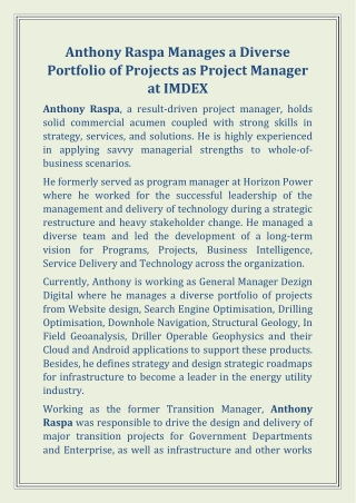 Anthony Raspa Manages a Diverse Portfolio of Projects as Project Manager at IMDEX