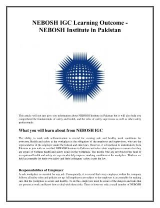 NEBOSH IGC Learning Outcome - NEBOSH Institute in Pakistan