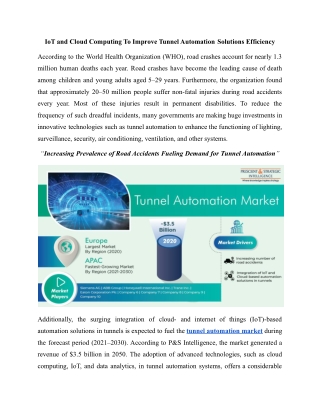 Tunnel Automation Market Growth Prospects, Key Vendors, and Future Scenario