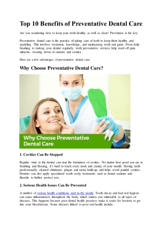 Top 10 Benefits of Preventative Dental Care