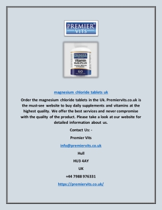 Magnesium Chloride Tablets Uk | Premiervits.co.uk