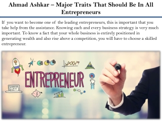 Ahmad Ashkar – Major Traits That Should Be In All Entrepreneurs