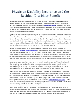 Physician Disability Insurance and the Residual Disability Benefit