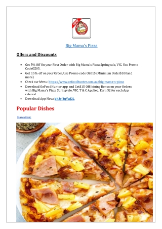 $5 off - Big Mama's Pizza Restaurant Springvale Menu,VIC