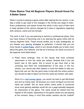 Poker Basics That All Beginner Players Should Know For A Better Game