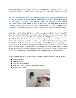 Asia Pacific Electric Vehicle (EV) Transmission Market, Research Report 2020-202