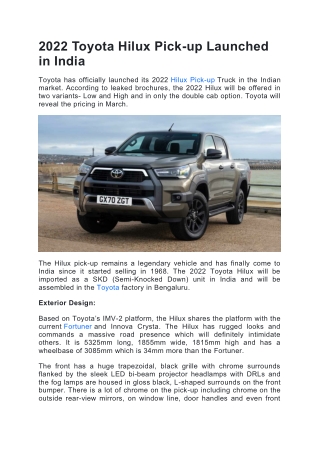 2022 Toyota Hilux Pick-up Launched in India