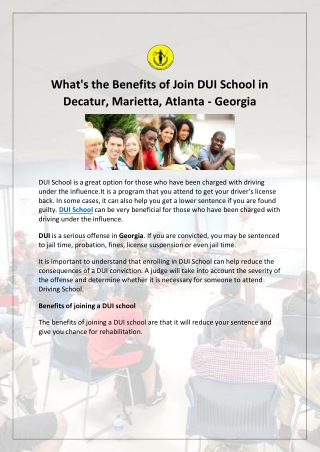 #1 Benefits of Join DUI School Decatur, Marietta, Atlanta - Georgia (Diversion)