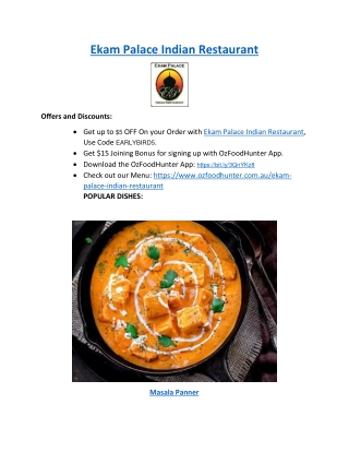 5% off- Ekam Palace Indian Restaurant Banora Point Menu NSW