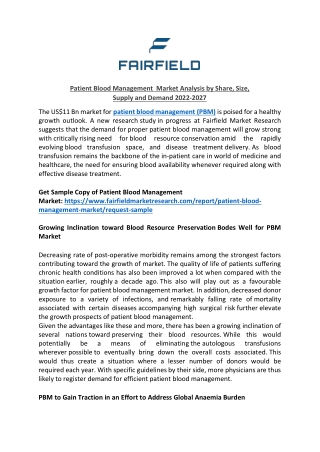 Patient Blood Management  Market by Global Size, Trends and Research Analysis 2027