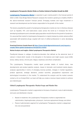 Lymphopenia Therapeutics Market Climbs on Positive Outlook of Excellent Growth by 2028