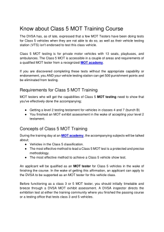 Know about Class 5 Mot Training course