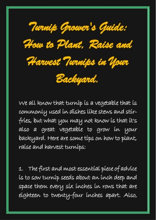 Turnip Grower's Guide How to Plant, Raise and Harvest Turnips in Your Backyard.