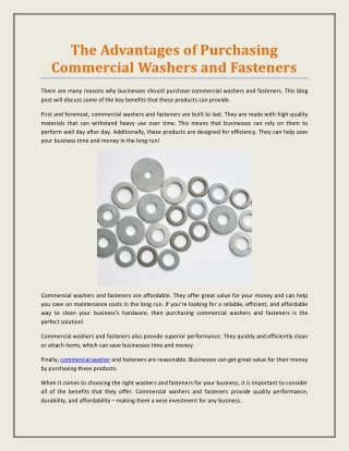 The Advantages of Purchasing Commercial Washers and Fasteners
