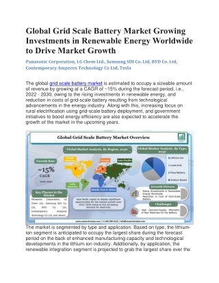 Global Grid Scale Battery Market Highlights 2022 – 2030