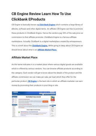 CB Engine Review Learn How To Use Clickbank EProducts