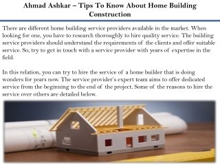 Ahmad Ashkar – Tips To Know About Home Building Construction