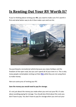 Is Renting Out Your RV Worth It?