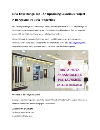 Birla Tisya Bangalore - An Upcoming Luxurious Project In Bangalore By Birla Properties