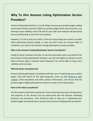 Why To Hire Amazon Listing Optimisation Service Providers