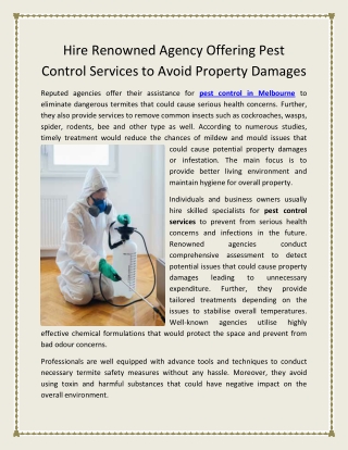 Hire Renowned Agency Offering Pest Control Services to Avoid Property Damages