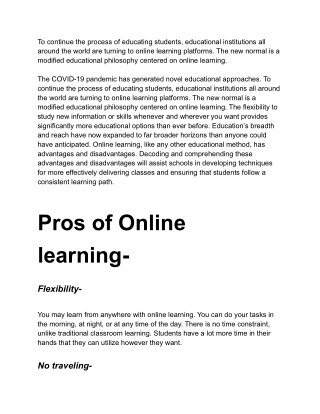 PROS AND CONS OF ONLINE LEARNING FOR SCHOOL GOING STUDENTS