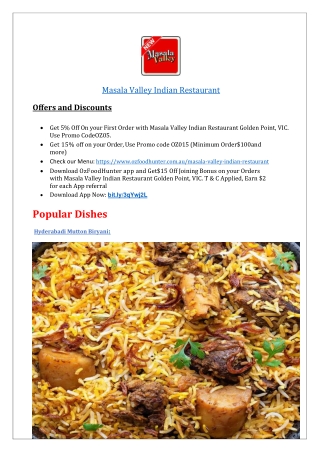 $5 off - Masala Valley Indian Food Restaurant Golden Point,VIC