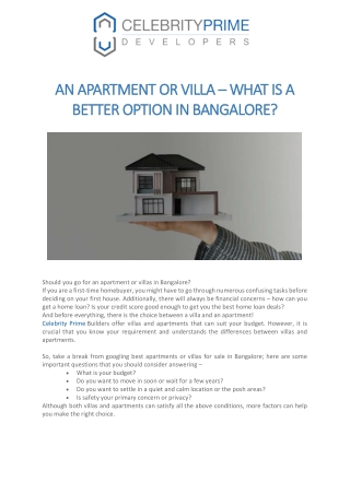 AN APARTMENT OR VILLA – WHAT IS A BETTER OPTION IN BANGALORE