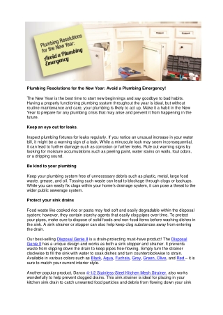 Plumbing Resolutions for the New Year Avoid a Plumbing Emergency!