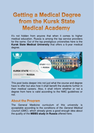 The Kursk State Medical Academy For MBBS Abroad 2022