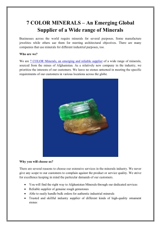 7 COLOR MINERALS – An Emerging Global Supplier of a Wide range of Minerals