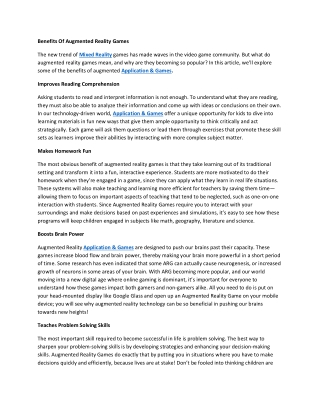 Benefits Of Augmented Reality Games