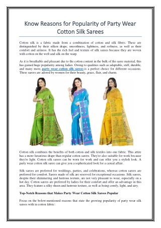 Know Reasons for Popularity of Party Wear Cotton Silk Sarees