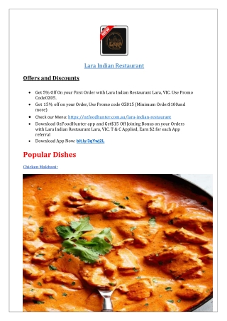 $5 off - Lara Indian Food Takeaway Restaurant Menu,VIC