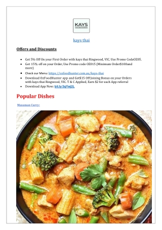 $5 off - kays Thai Restaurant takeaway menu Ringwood,VIC