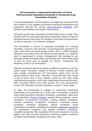 CD Formulation Customized Preparation of Active Pharmaceutical Ingredient Excipients to Accelerate Drug Formulation Proj