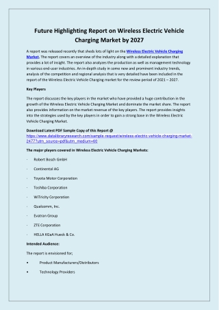 Global Wireless Electric Vehicle Charging Market Opportunities and Forecast 2020