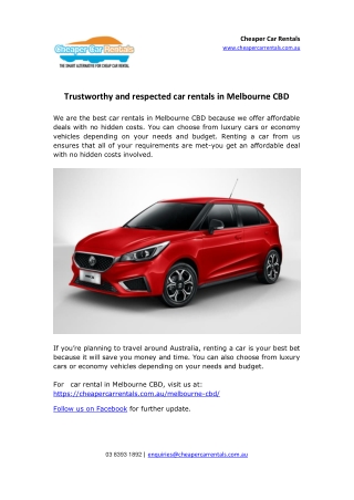 Trustworthy and respected car rentals in Melbourne CBD