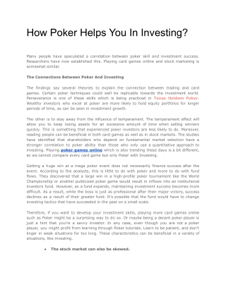 How Poker Helps You In Investing
