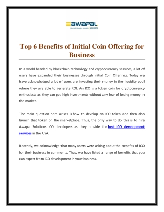 Top 6 Benefits of Initial Coin Offering for Business