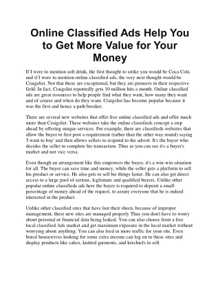 Online Classified Ads Help You To Get More Value For Your Money