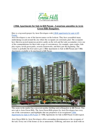 2 Bhk Apartments for Sale in KR Puram - Luxurious amenities in Arsis Green Hills Bangalore