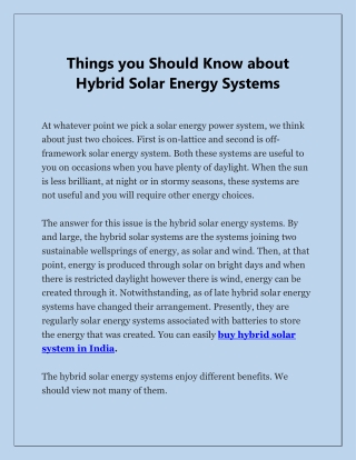 Hybrid Solar Energy Systems