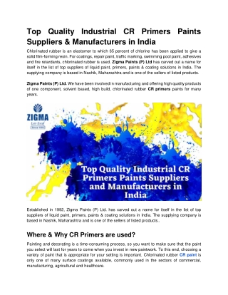 Top Quality Industrial CR Primers Paints Suppliers & Manufacturers in India